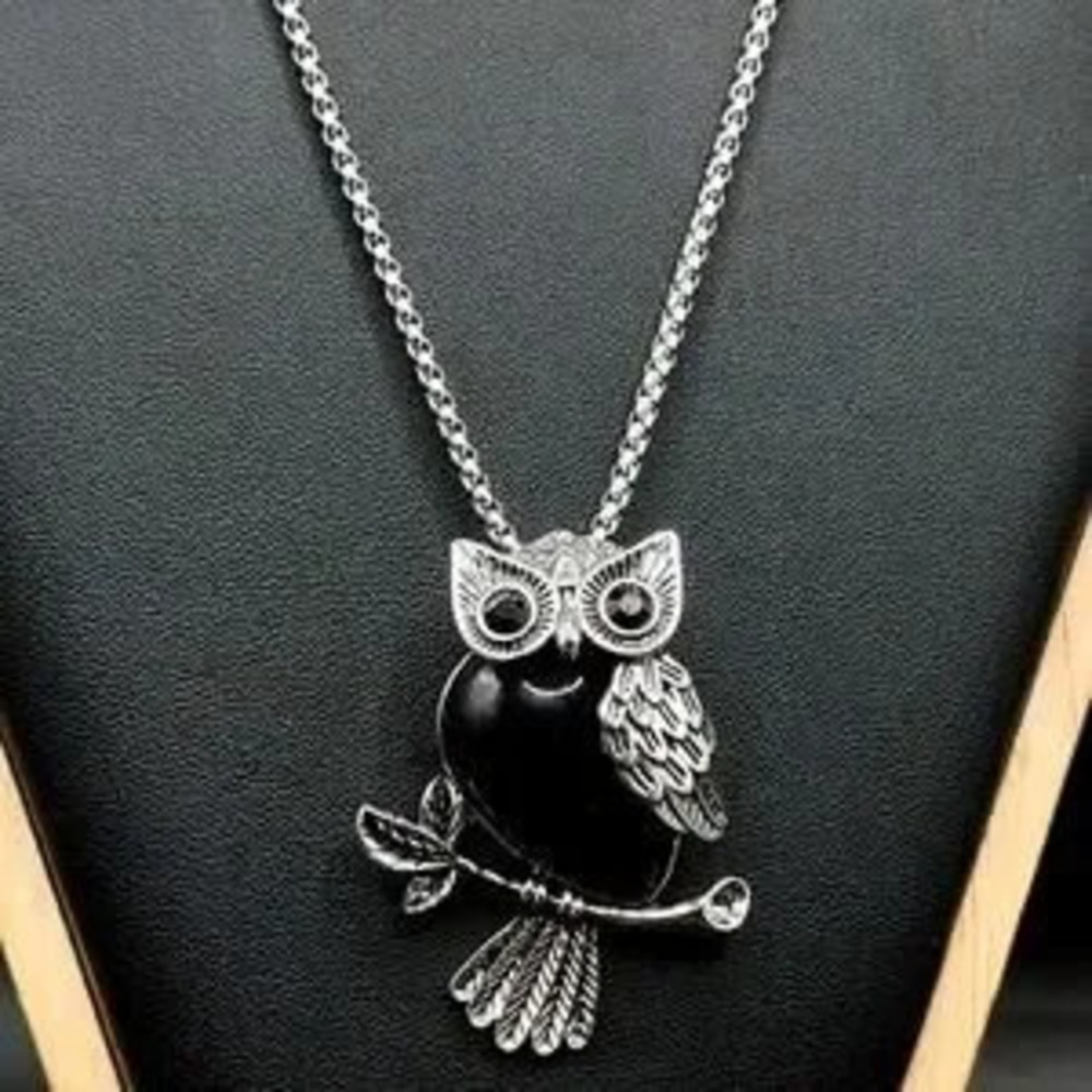 Silver & Black Agate Owl Necklace Women's Boho Vtg Fashion Bird Jewelry Gift NEW